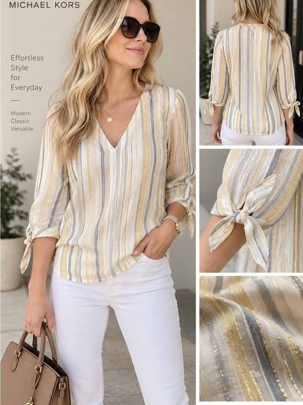 MICHAEL Michael Kors Women’s Striped Metallic V-Neck Tie Sleeve Blouse Size S